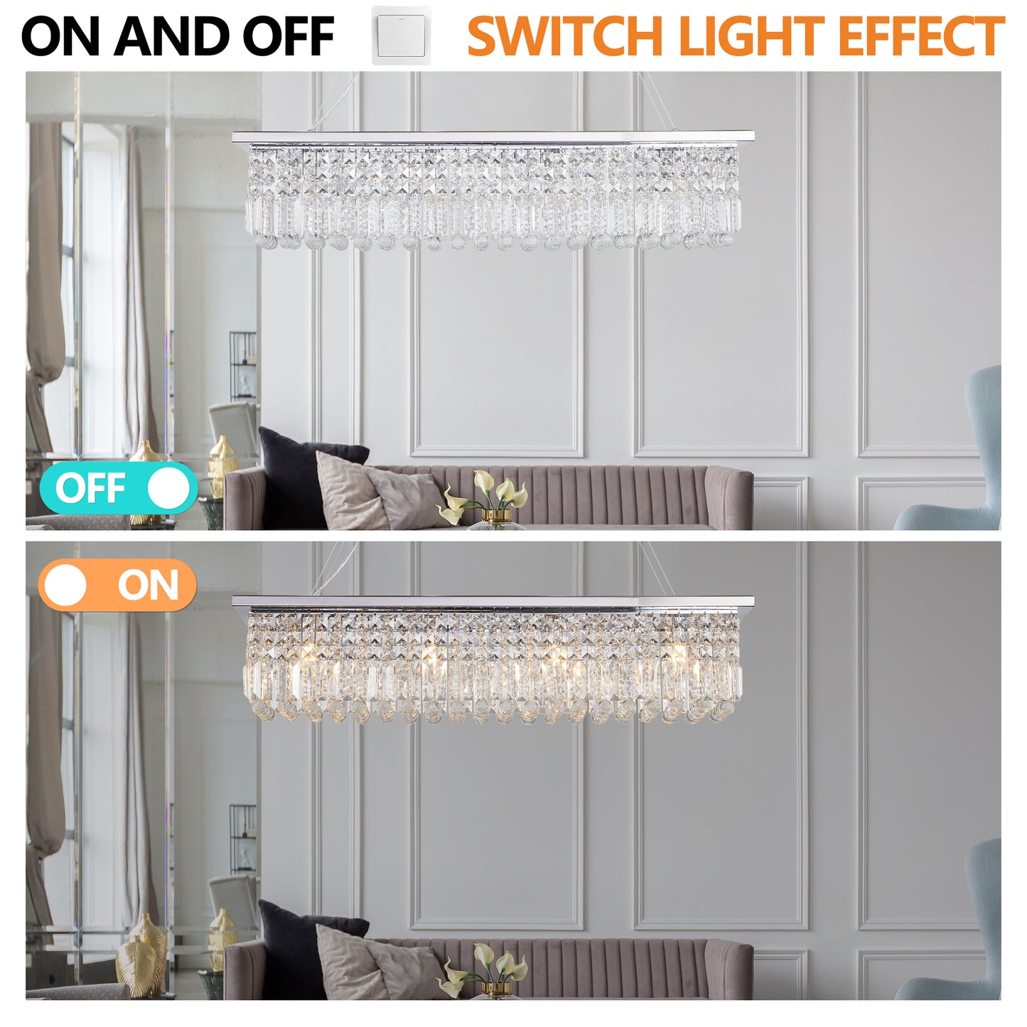 Modern Crystal Chandelier for Dining Room 8-Lights Rectangular Pendant Light Fixture
