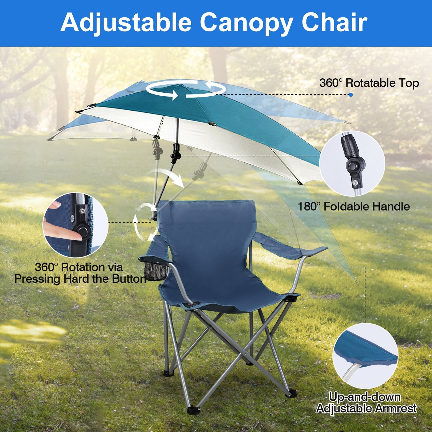 Foldable Beach Chair with Canopy and Cup Holder - Multiple Colors