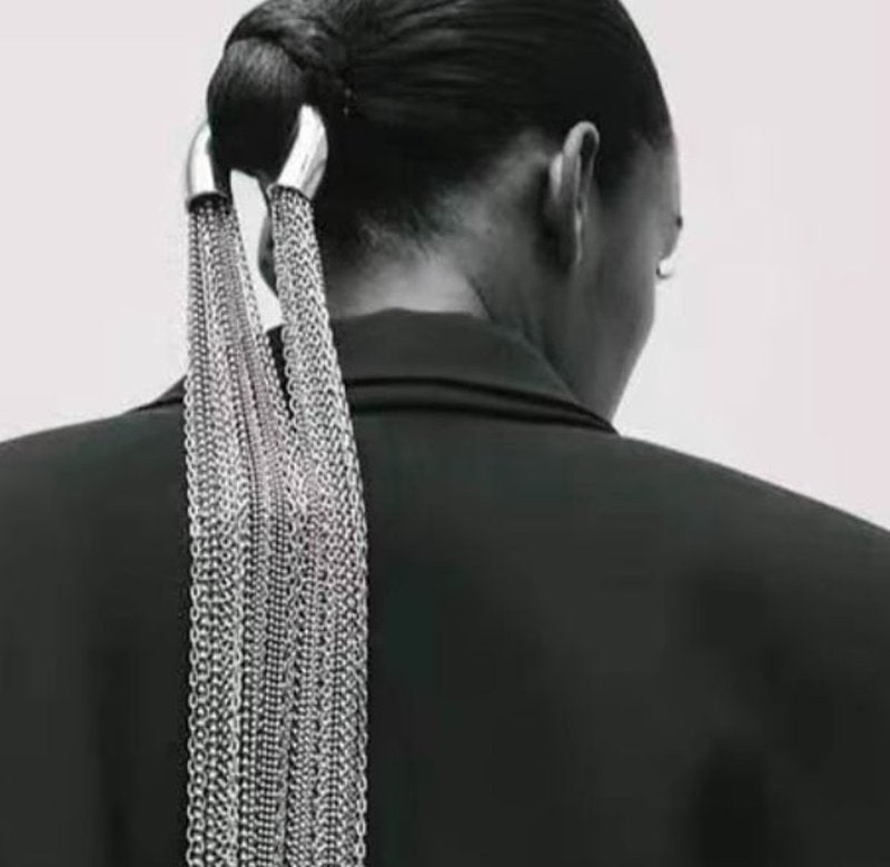 High Hole Long Tail Chain Hair Extension - Silver Metal Hair Accessory