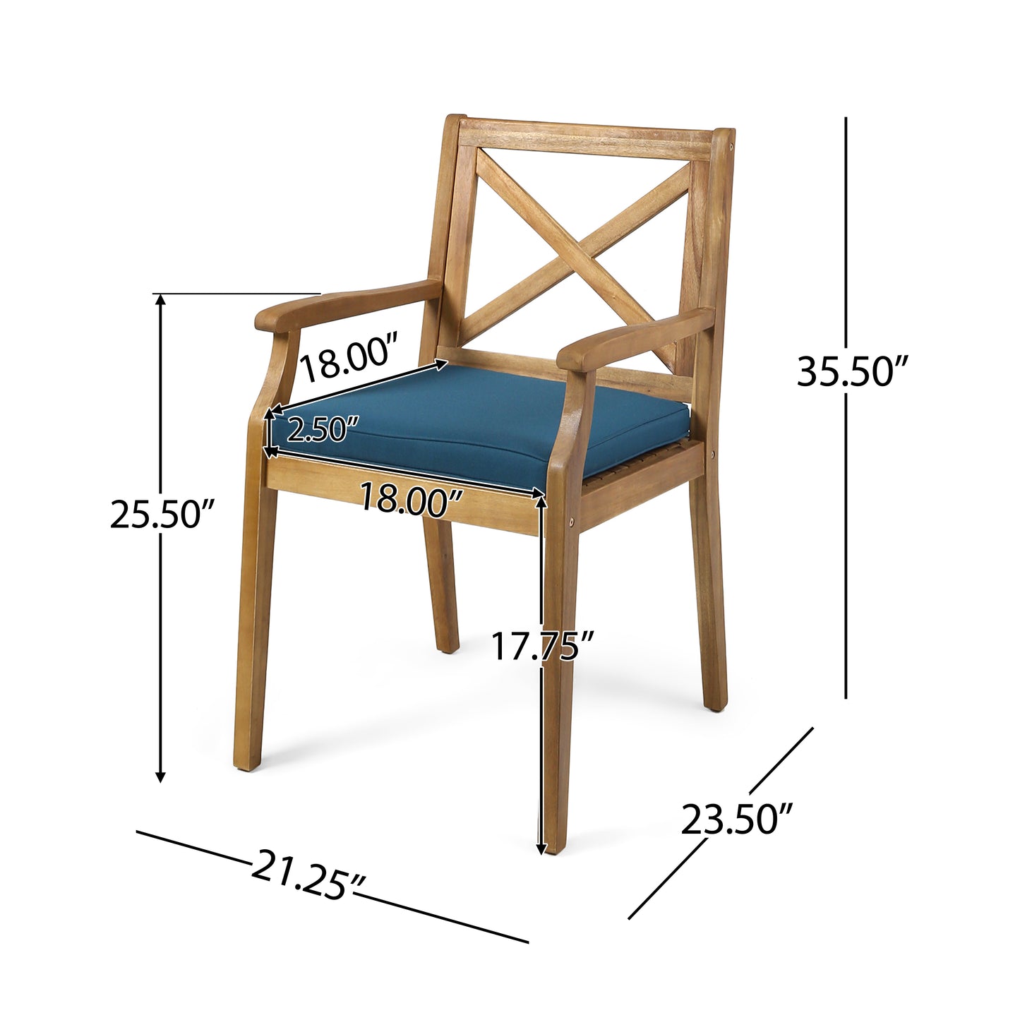 Outdoor Dining Chairs Set of 2 with Blue Cushions - Acacia Wood