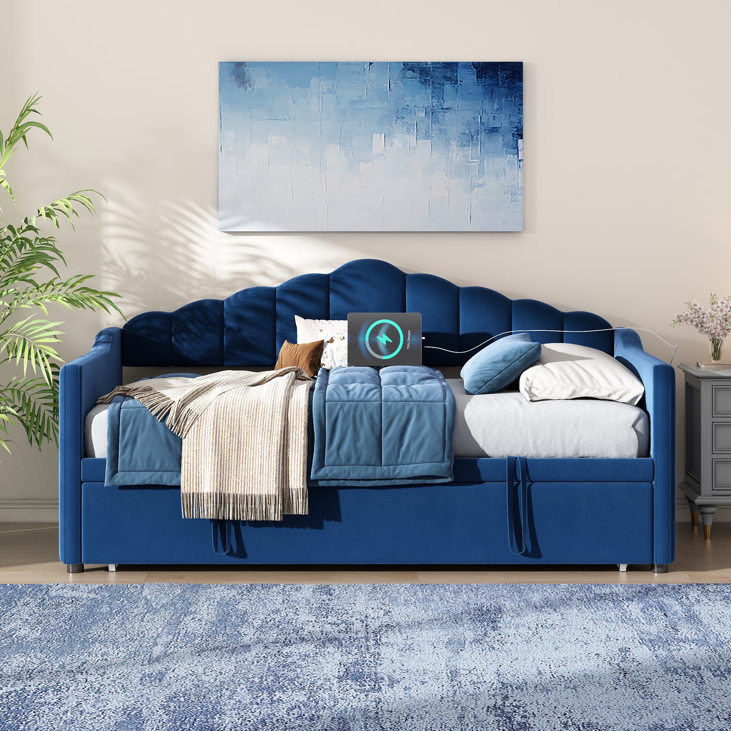 Upholstered Twin Size Daybed With Adjustable Height Pop Up Trundle