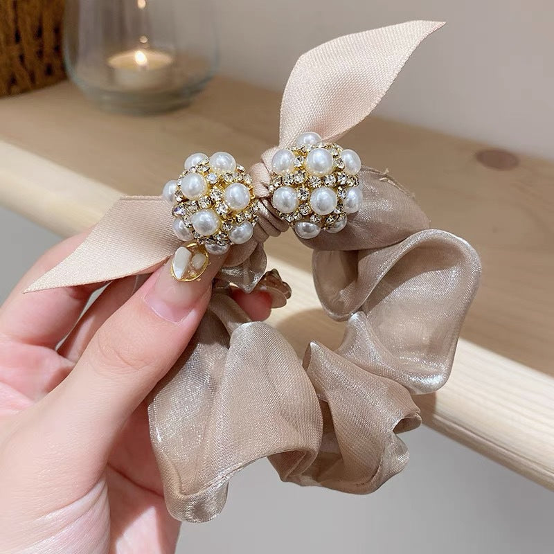 Beaded Pearl Bowknot Hair Rope - Korean Style