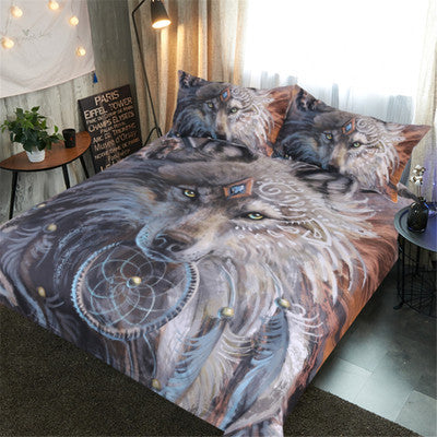 3D Wolf Tribe Warrior Duvet Cover Set - Cartoon Animal Bedding with Polyester Fabric