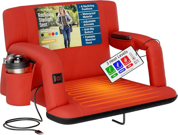 Heated Reclining Stadium Seat with Back Support - Red 25"