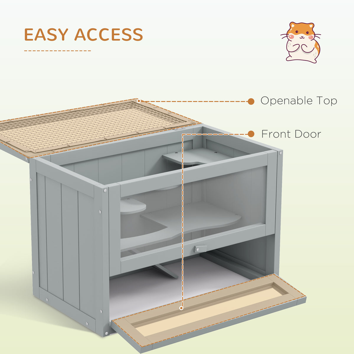 2-Level Hamster Cage with Openable Roof and Shelves - Gray, 660x160x455 mm