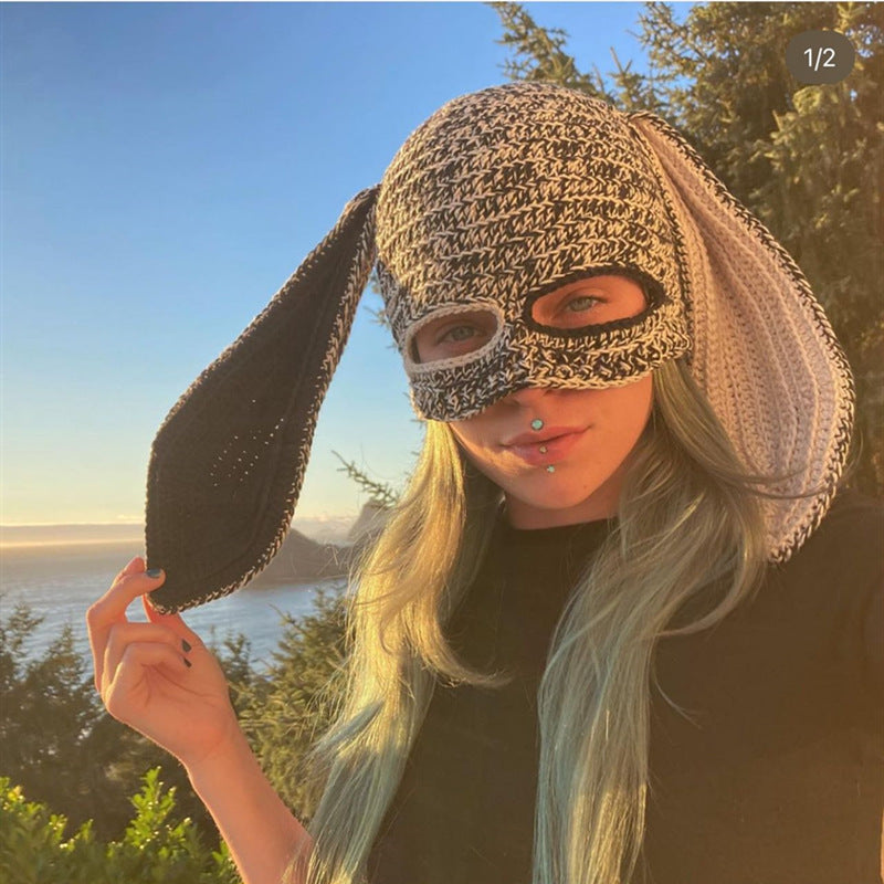 Knitted Rabbit Ear Mask Hat - Funny One-Eye Exposed Horn Thermal & Windproof