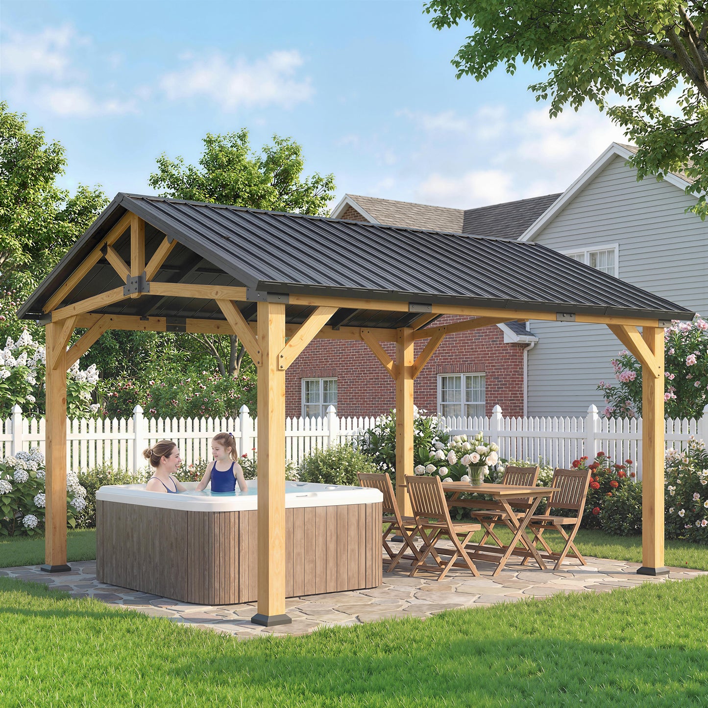 Hardtop Gazebo Canopy with Metal Roof & Fir Wood Frame - Black Gray