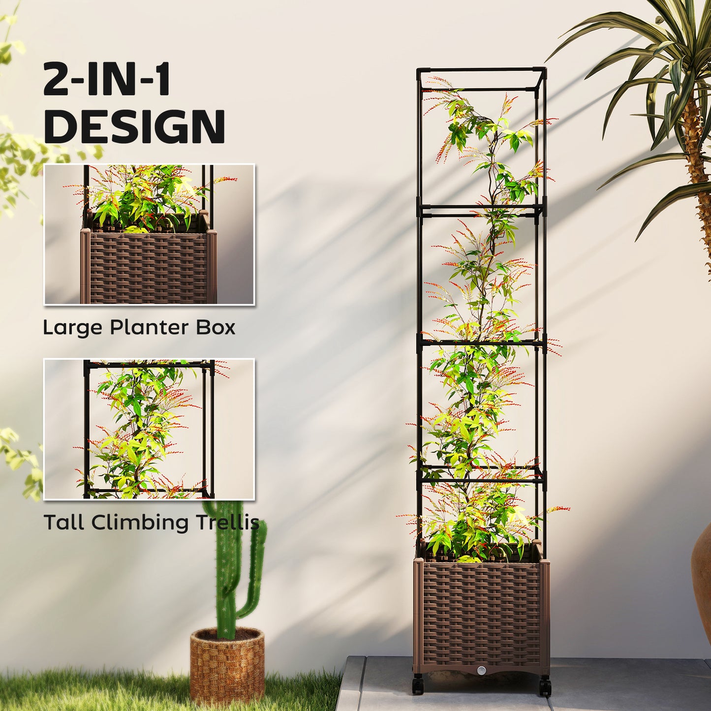 Raised Garden Bed with Trellis and Lockable Wheels - Self Watering Planter, Brown, 440x440x160mm