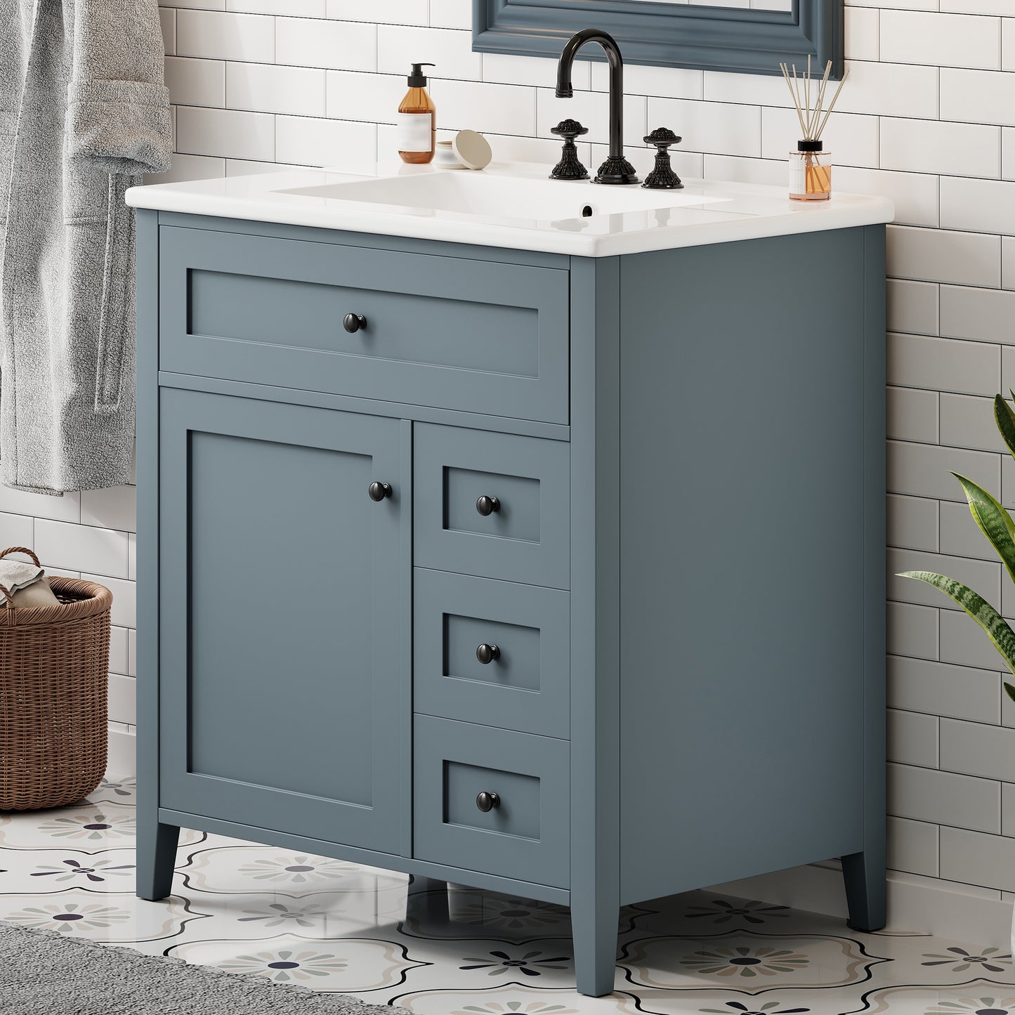 30-Inch Gray Blue Bathroom Vanity with Sink and 3 Drawers