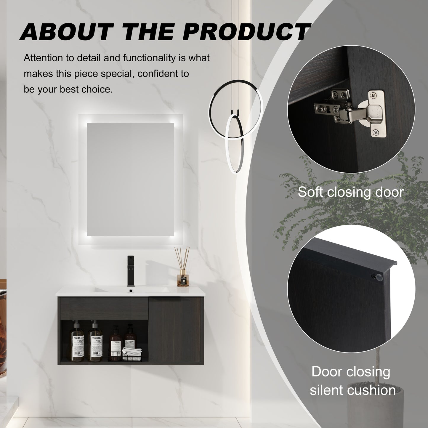 30-Inch Wall-Mounted Bathroom Vanity with Ceramic Sink - Dark Oak