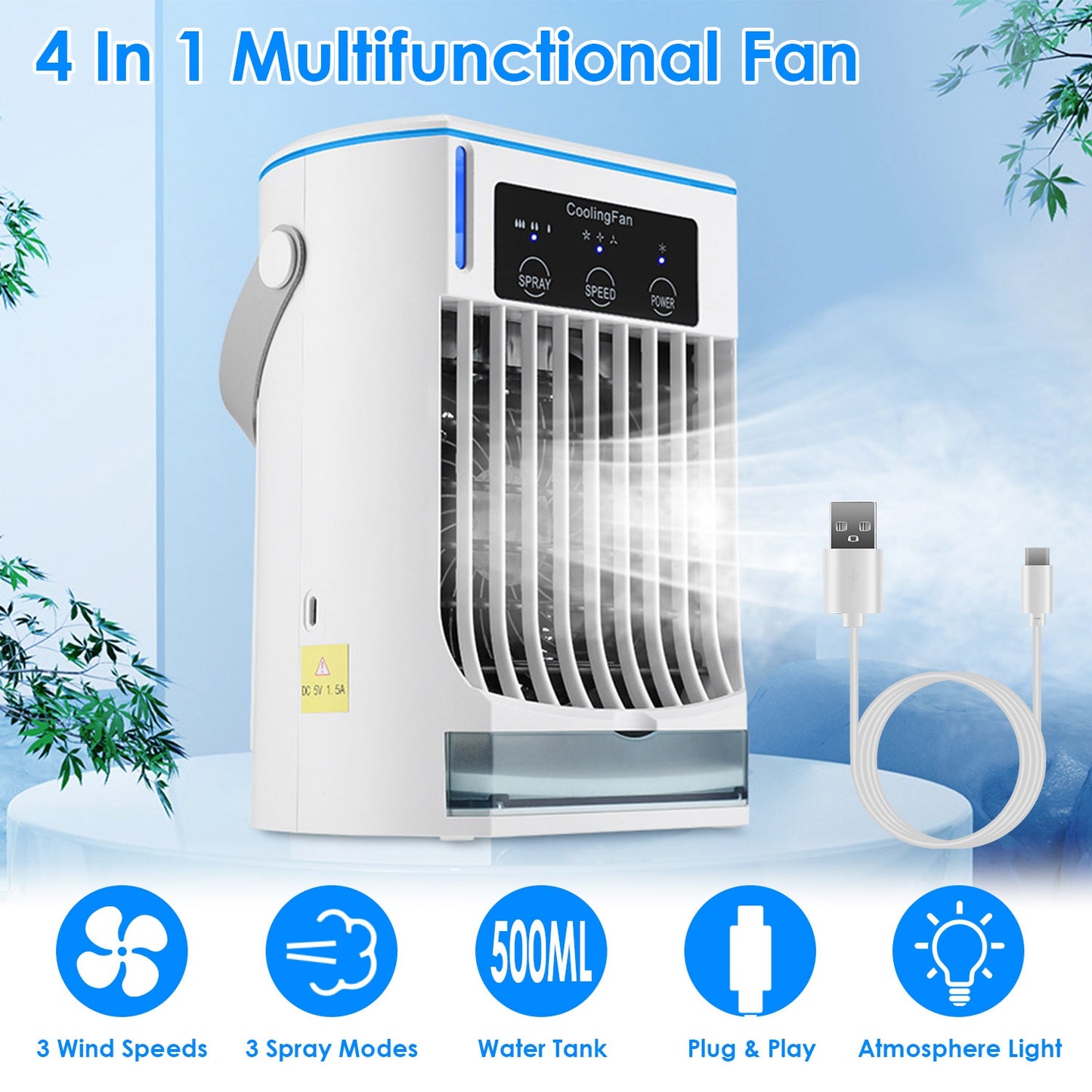 Portable Air Conditioner Fan with Humidifier & Night Light - White