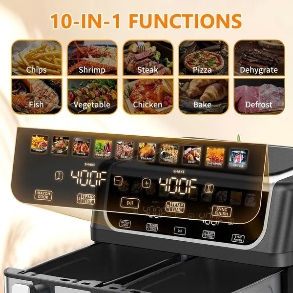Large 9.5 Quart Dual Basket Air Fryer with 10 Presets, Independent Temp Control, and Shake Reminder - Black