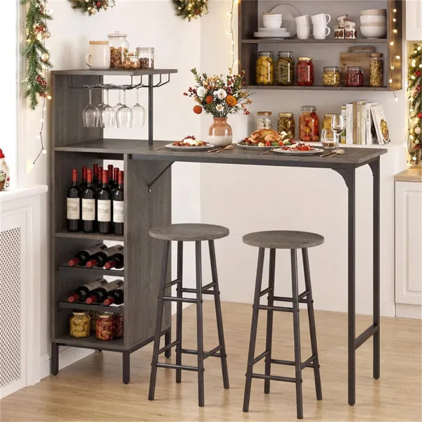 3-Piece Bar Table and Stools Set with Wine Storage - Oak