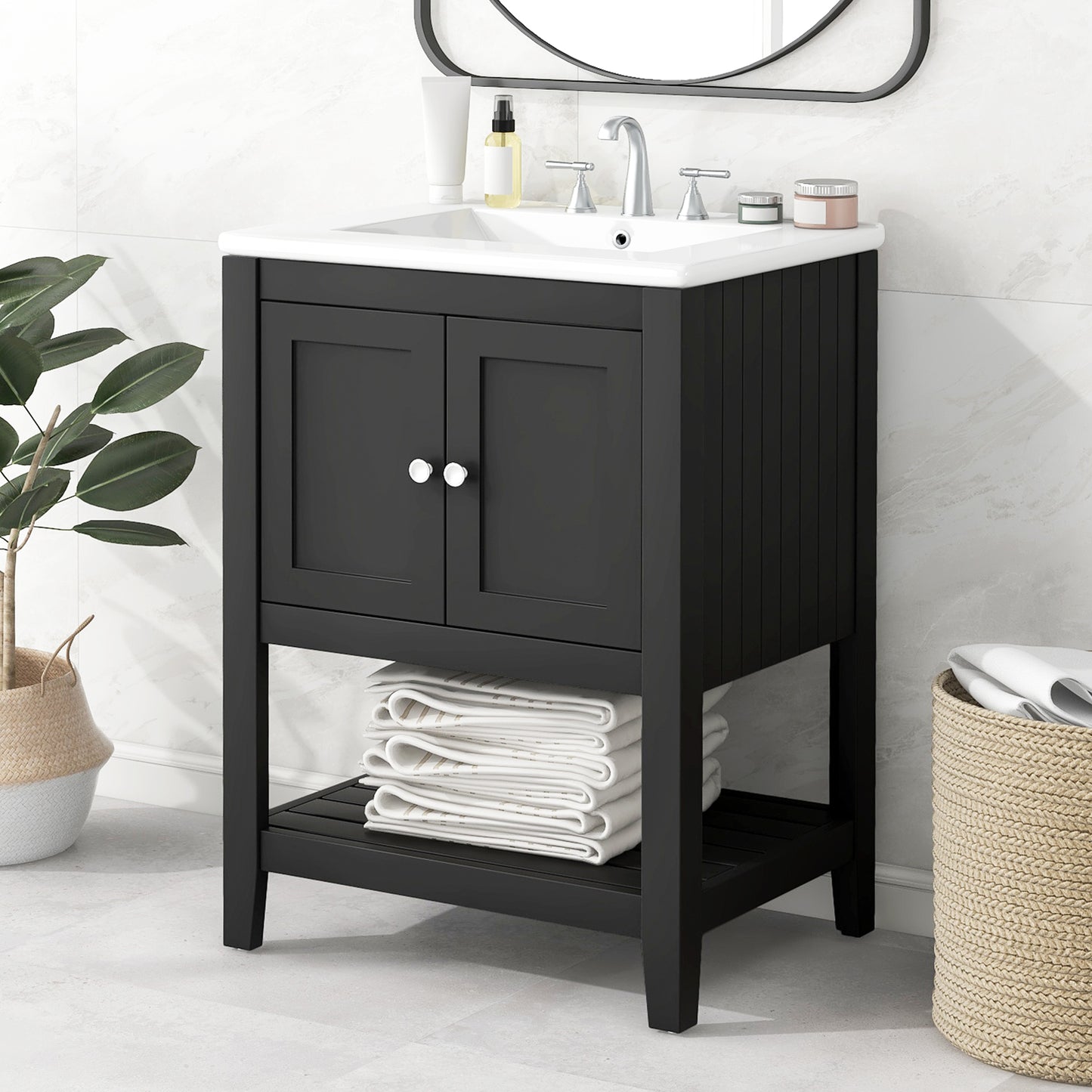 24" Black Modern Bathroom Vanity with Ceramic Sink & Wood Frame