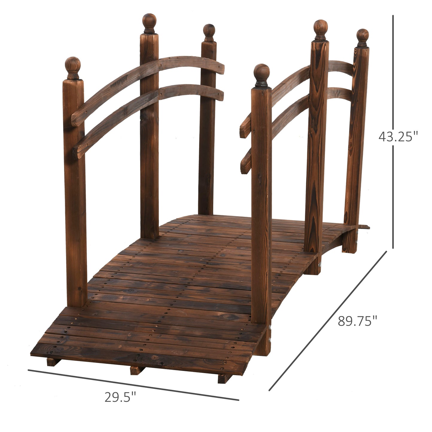 7.5 ft Fir Wood Garden Bridge with Side Railings for Backyard and Pond, Carbonized Finish