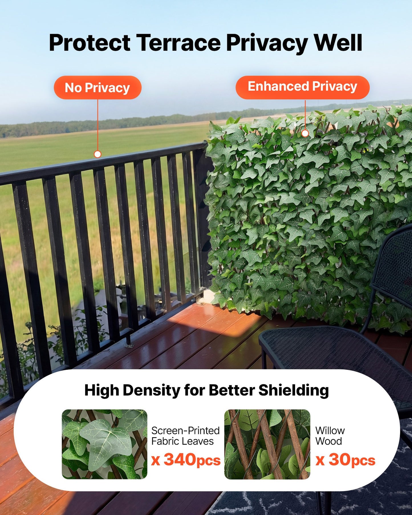 Expandable Privacy Fence Screen with Artificial Ivy Wall - 25x126 Inches, Black