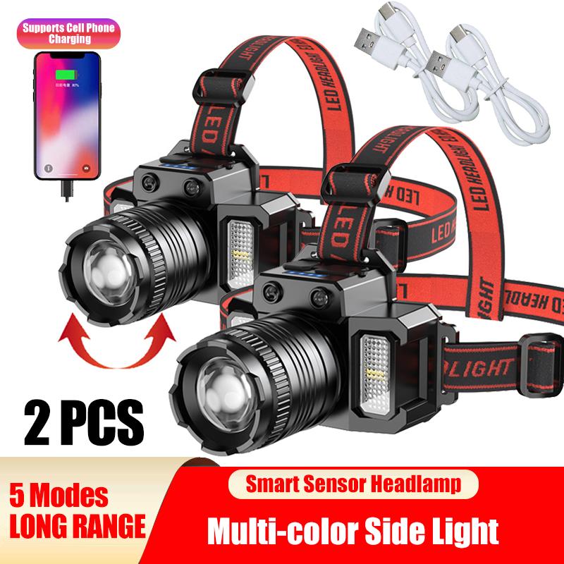 Rechargeable LED Headlamp with Motion Sensor, Zoom, 5 Modes for Camping and Outdoor Use