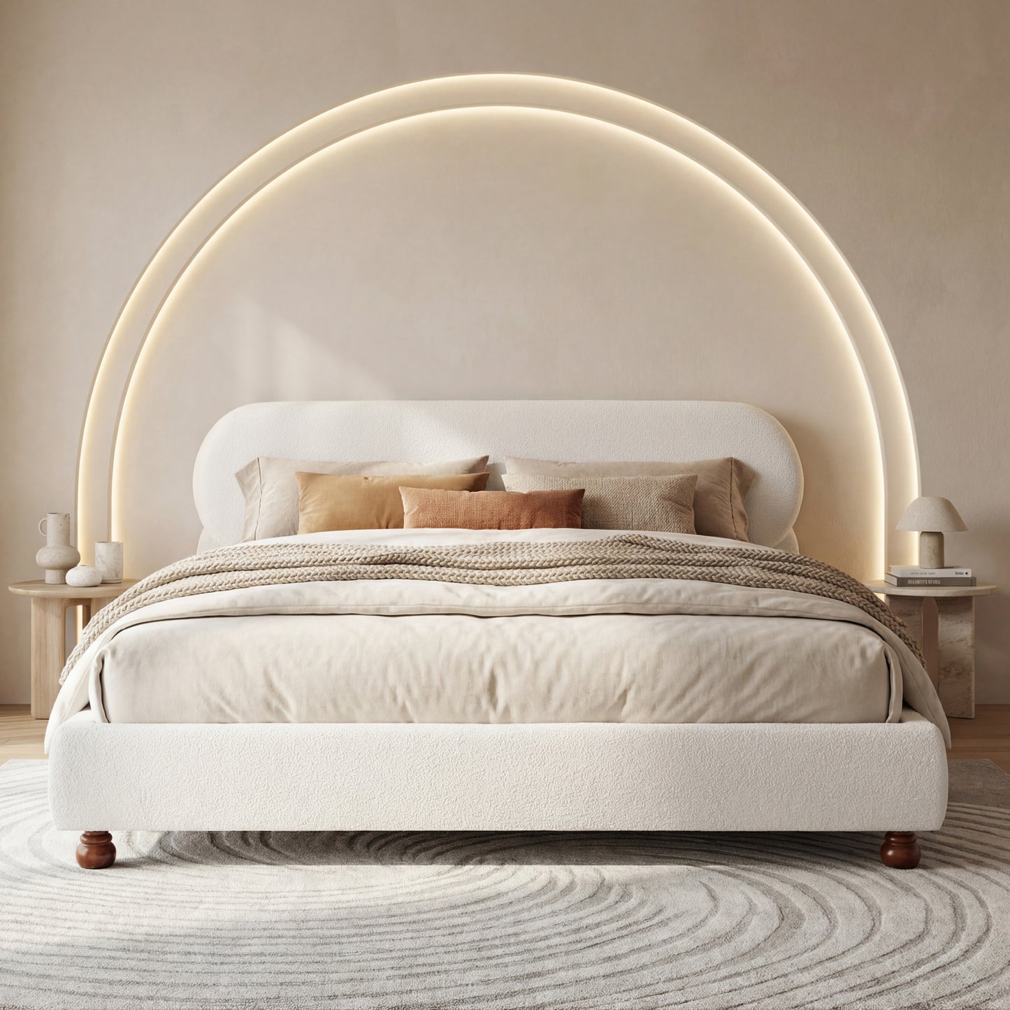 Queen Cream Boucle Upholstered Bed with Rubber Wood Feet