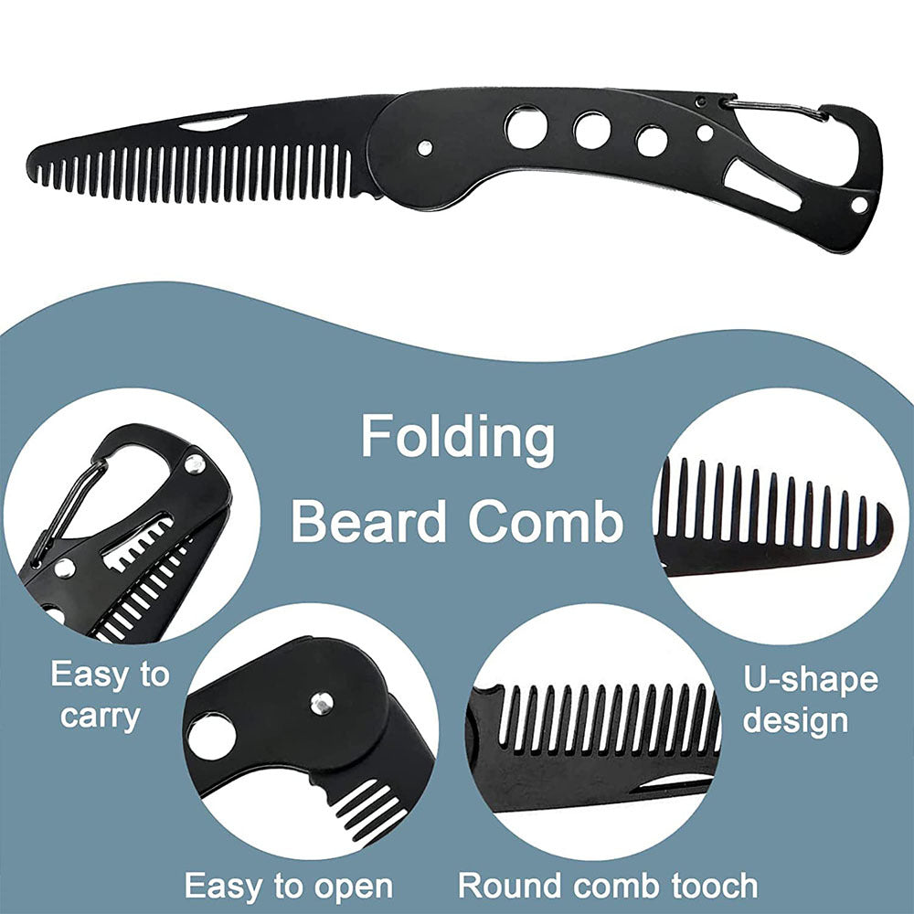 Stainless Steel Folding Beard Comb - Black