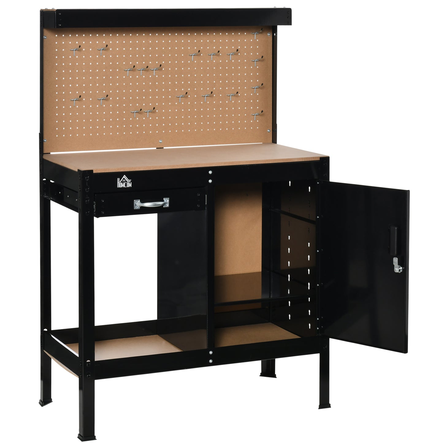 Multipurpose Workshop Workbench with Pegboard Drawer Cabinet Steel Frame Black 1190x580x125mm