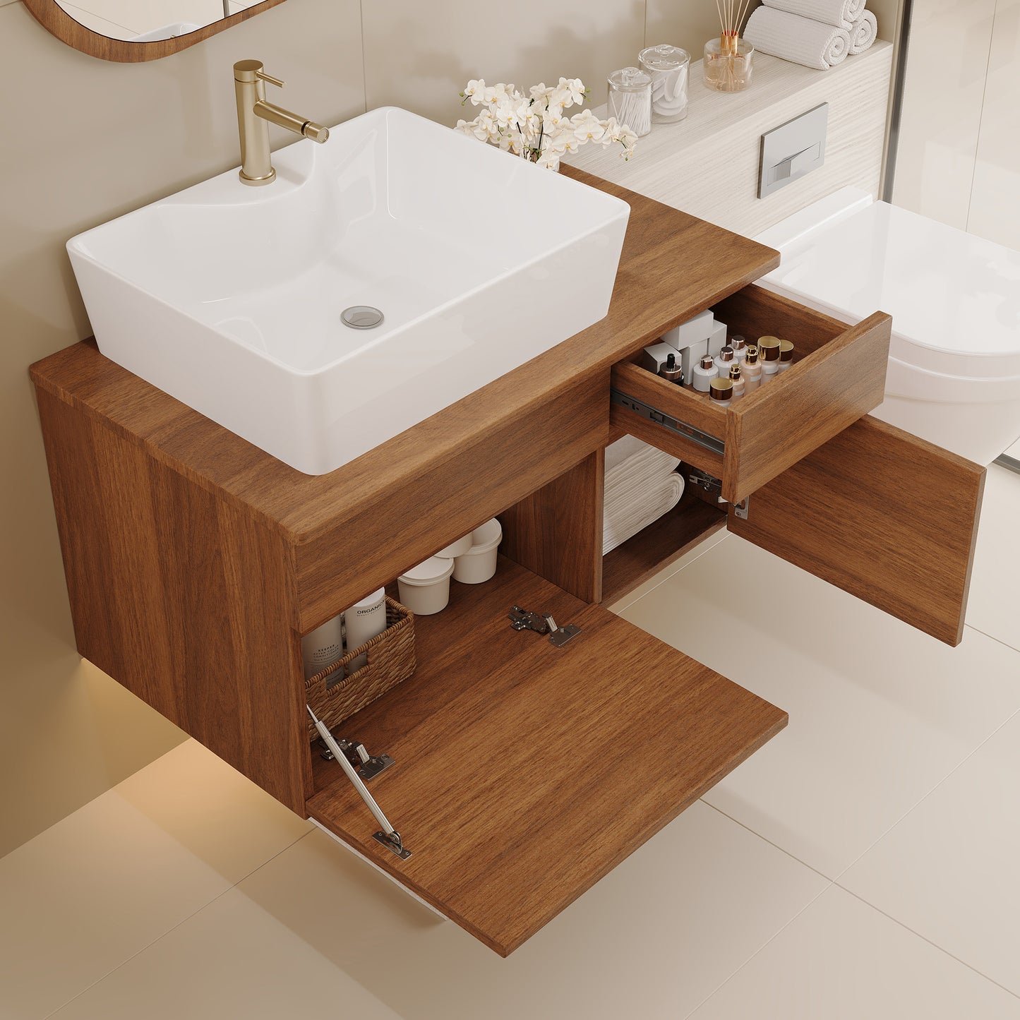 31.5-Inch Floating Bathroom Vanity with Sink - White & Walnut