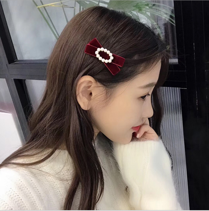 Handmade Pearl Velvet Bow Hairpin Autumn Winter Retro Hair Accessory for Women