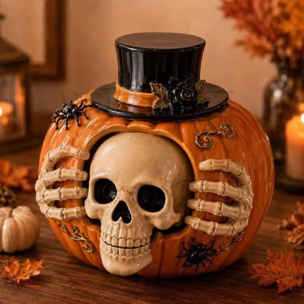 Halloween Skull and Pumpkin Candy Jar - Orange Resin Home Storage