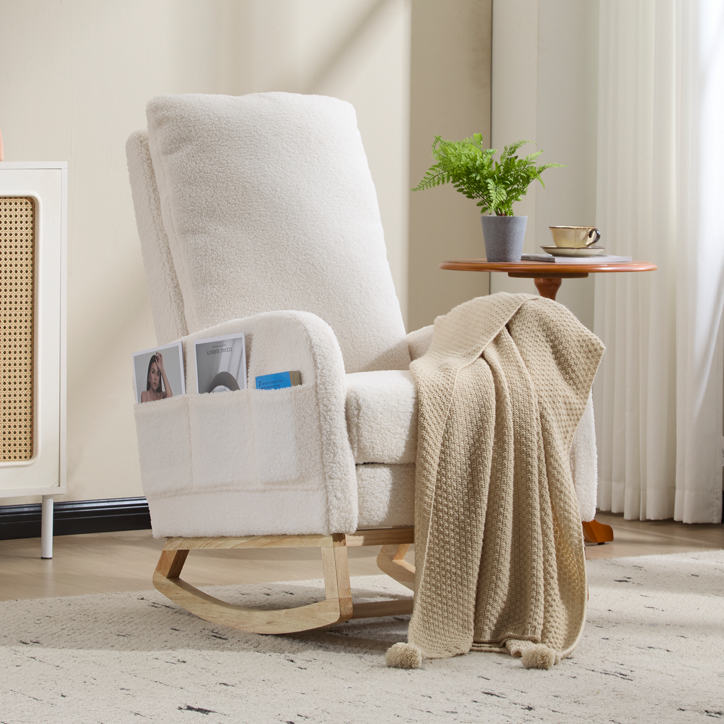 Upholstered Rocking Chair with Solid Wood Legs - White
