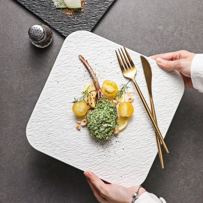 Ceramic Flat Plate Set - Nordic Style Rock Pattern Kitchen Dishware