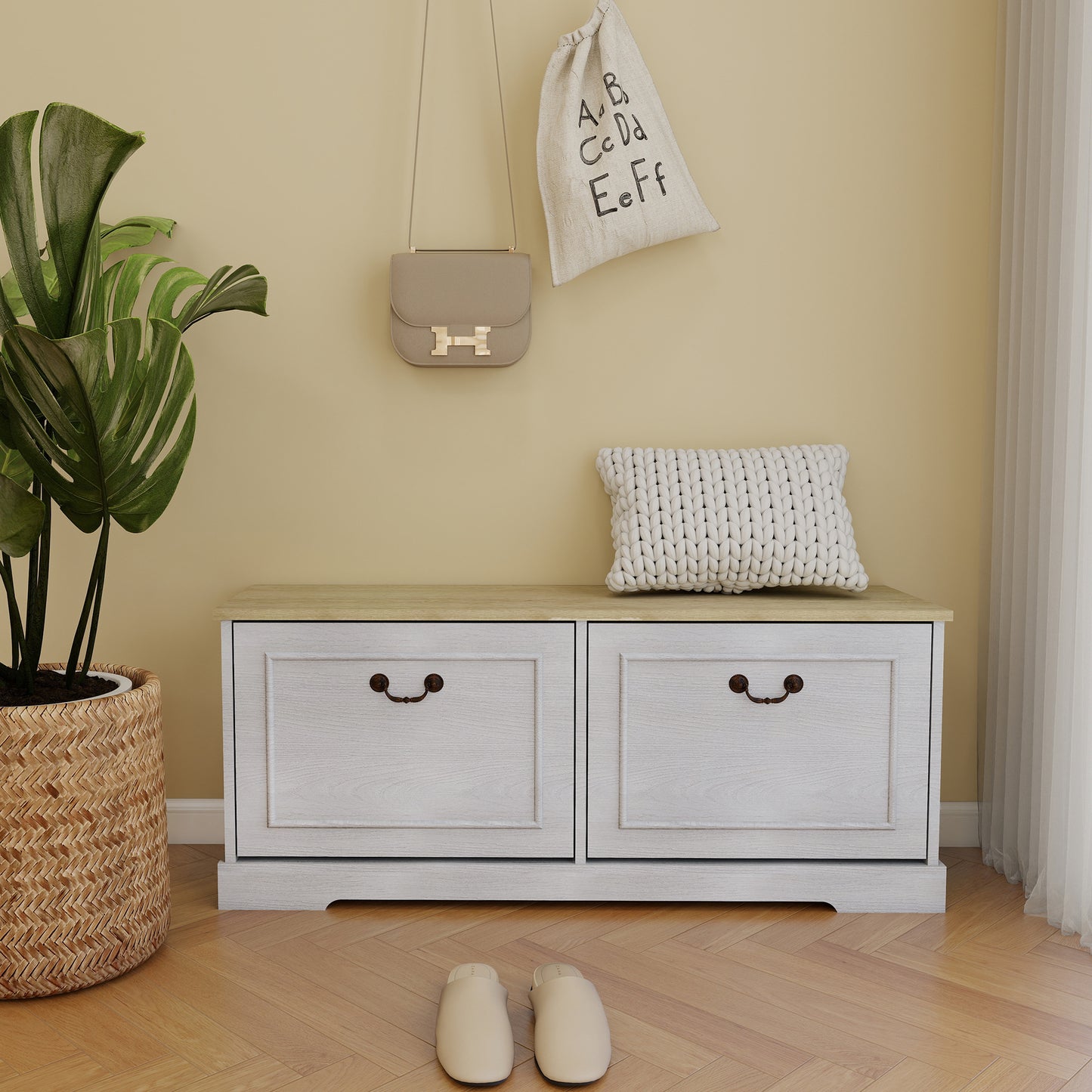 Shoe Storage Bench with 2 Flip Drawers & Adjustable Shelf - Antique White