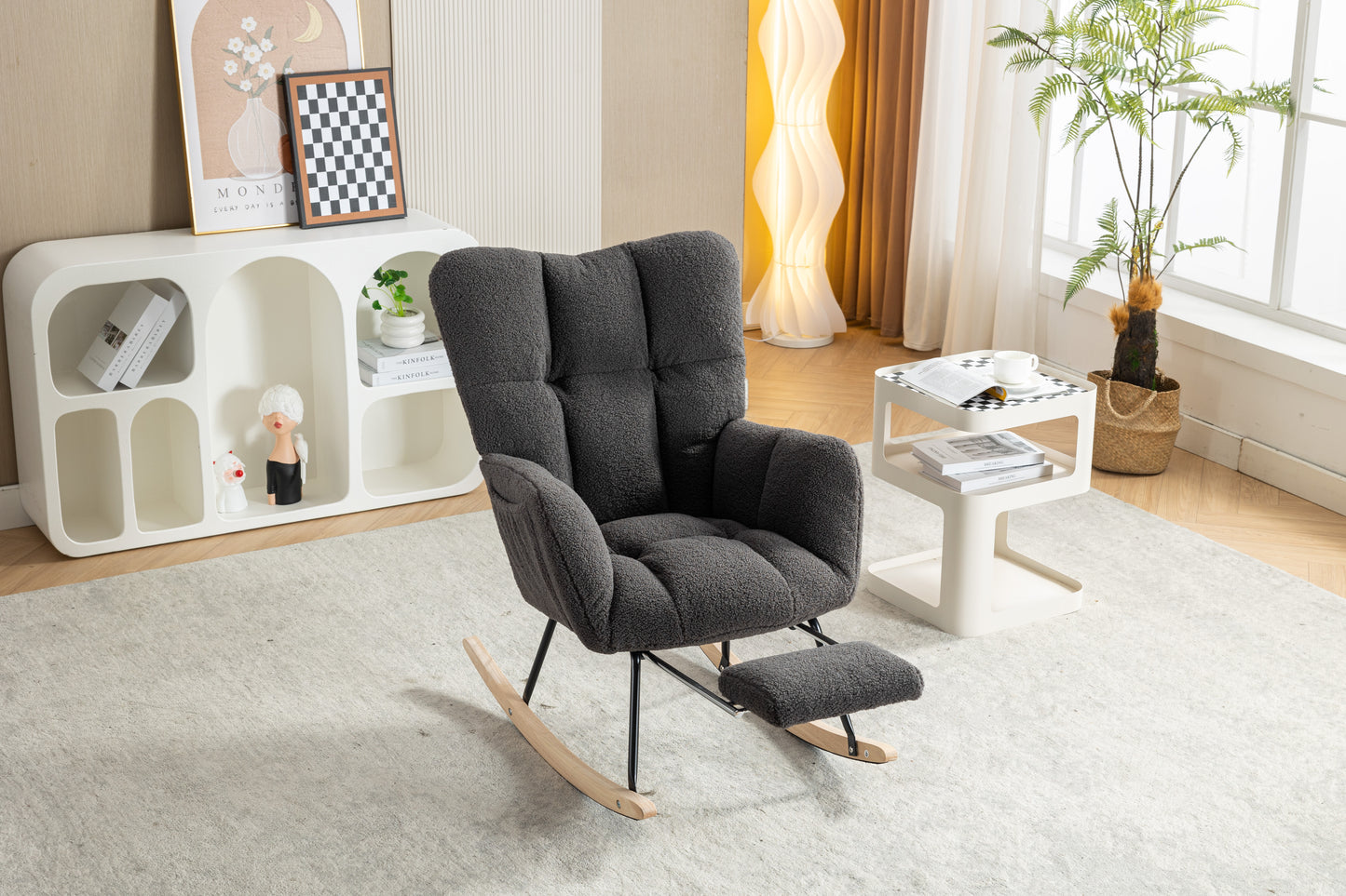 Modern Teddy Fabric Rocking Chair with Adjustable Footstool - Dark Gray
