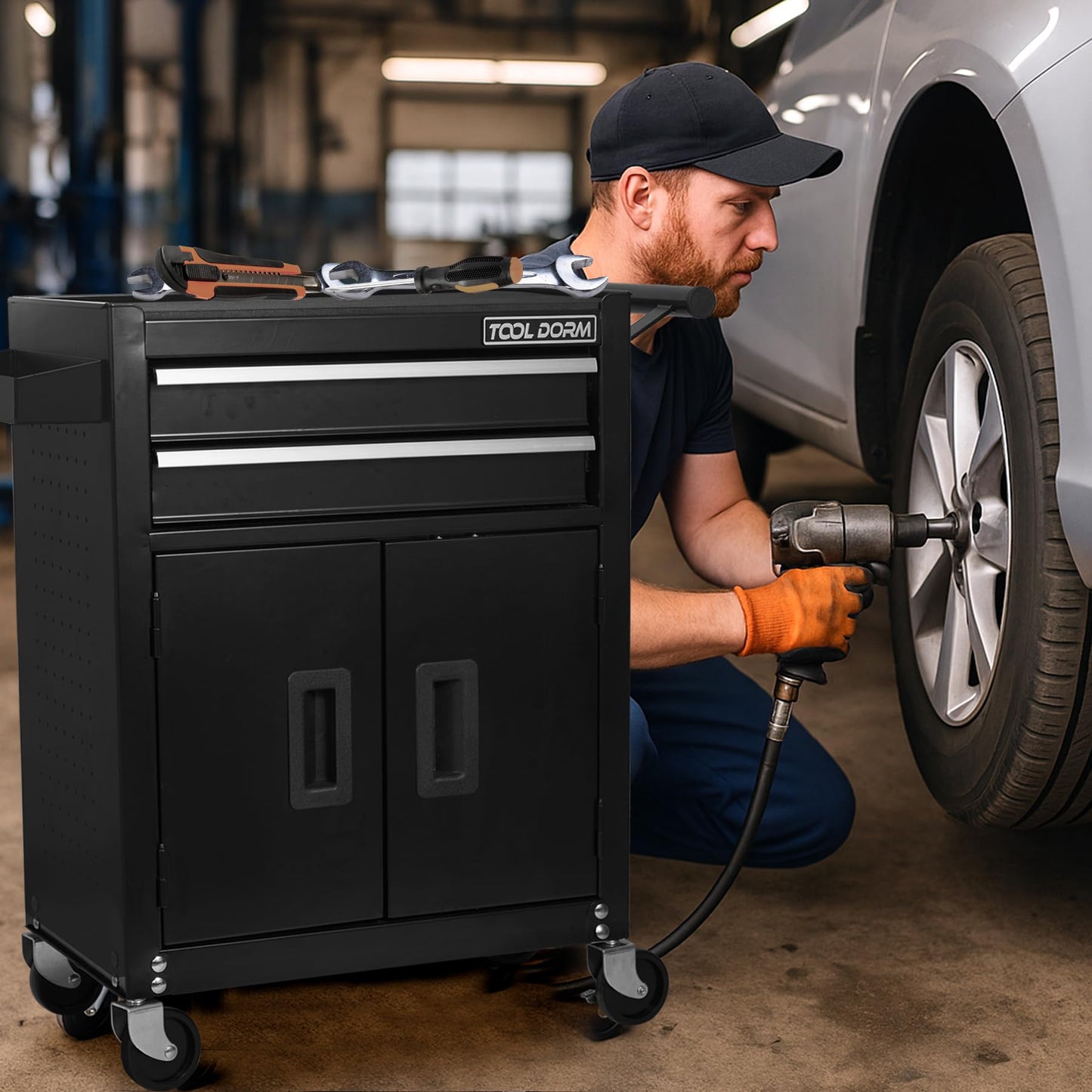 Double-Door Tool Storage Cabinet with 2 Drawers, Heavy-Duty Steel, Lockable Doors