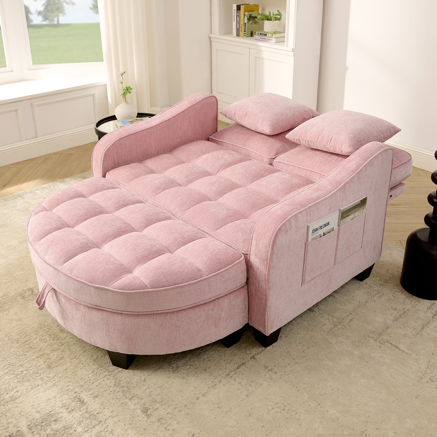 Pink Two-Seater Sofa Chaise Longue with Storage & Pillows
