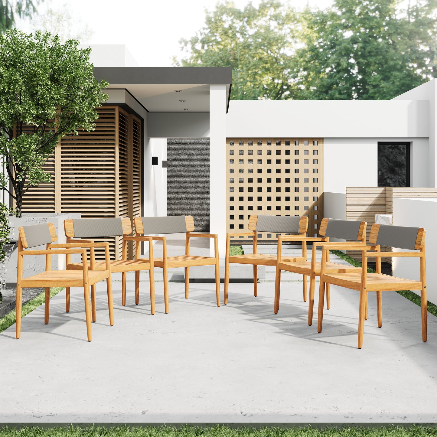 CREATIVE BRAIDED ACACIA WOOD OUTDOOR DINING CHAIRS WITH ARMRESTS,