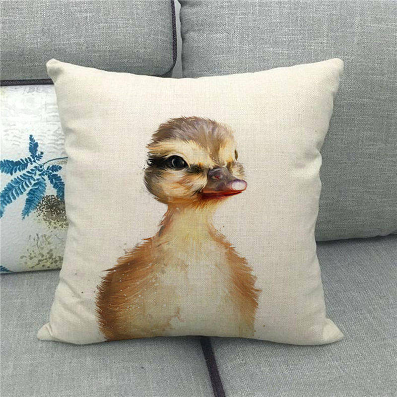 Cute Owl Print Linen Pillowcase - 45x45cm Pastoral Cartoon Decor