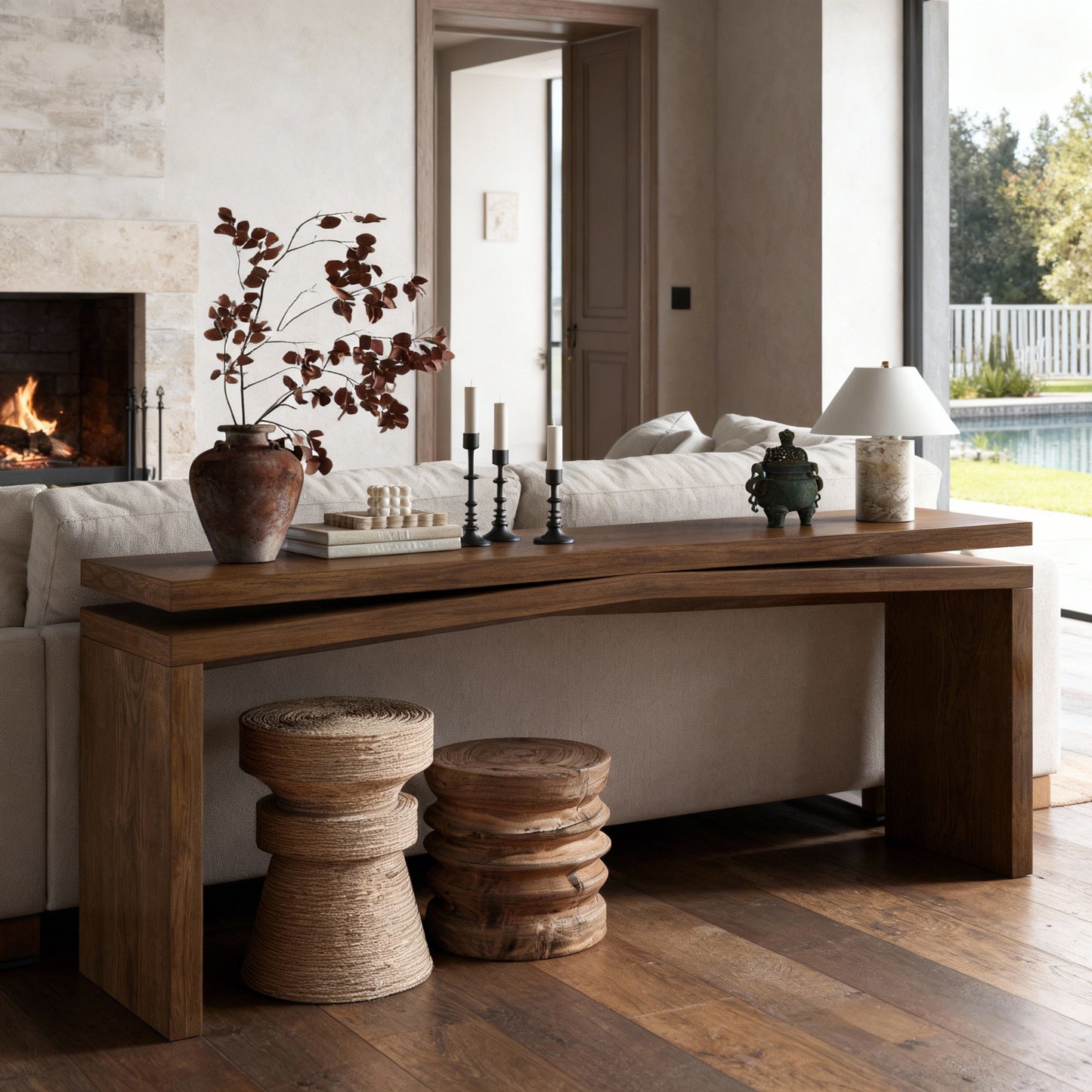 65-Inch Solid Wood Veneer Console Table - Rustic Farmhouse Design