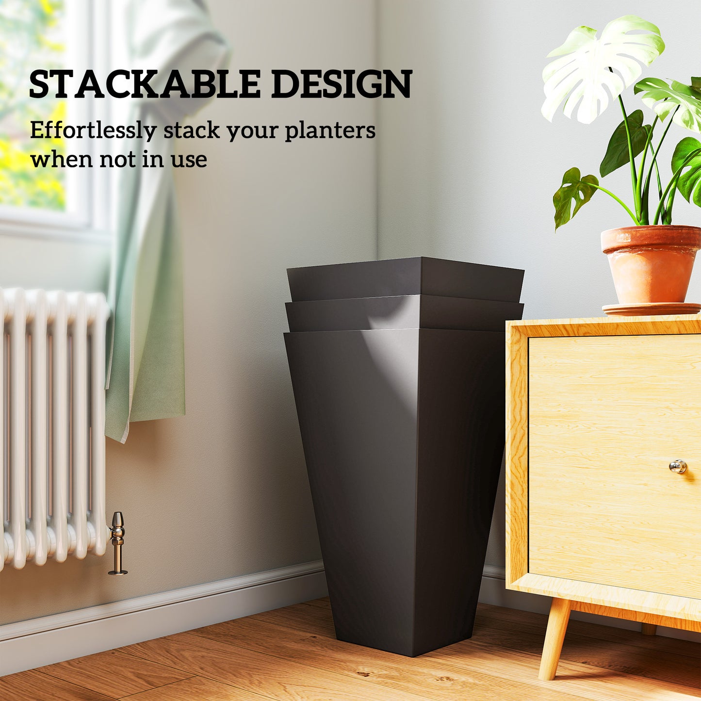 28ft Tall Plastic Garden Planters Set of 3 Square Outdoor Indoor Flower Pots - Brown