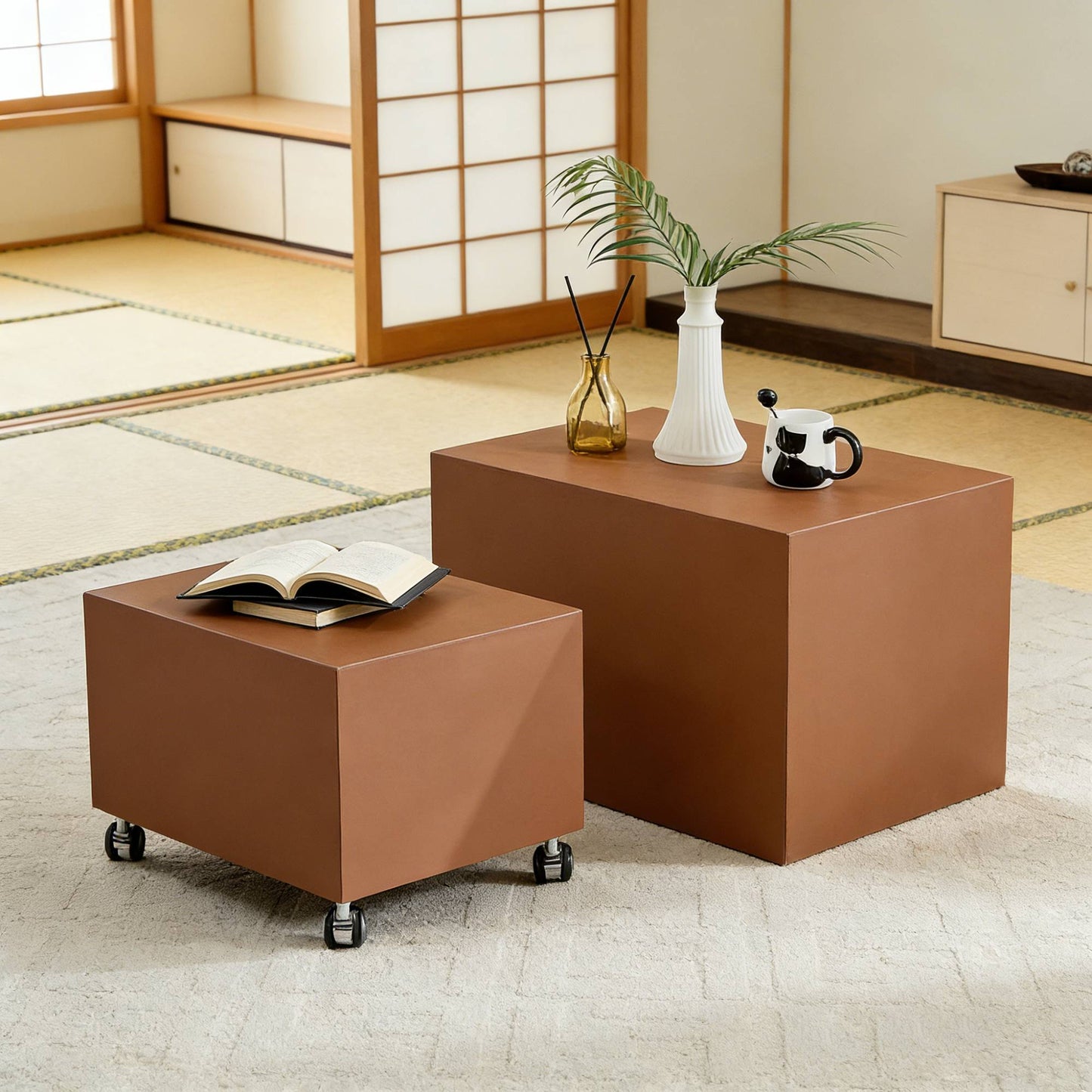 Modern Brown MDF Saddle Leather Table -Two Compact Sizes, Perfect For