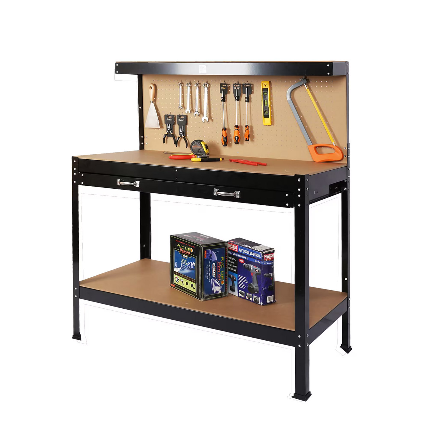 63" Tool Cabinet Workbench Storage with Drawer & Pegboard - Black