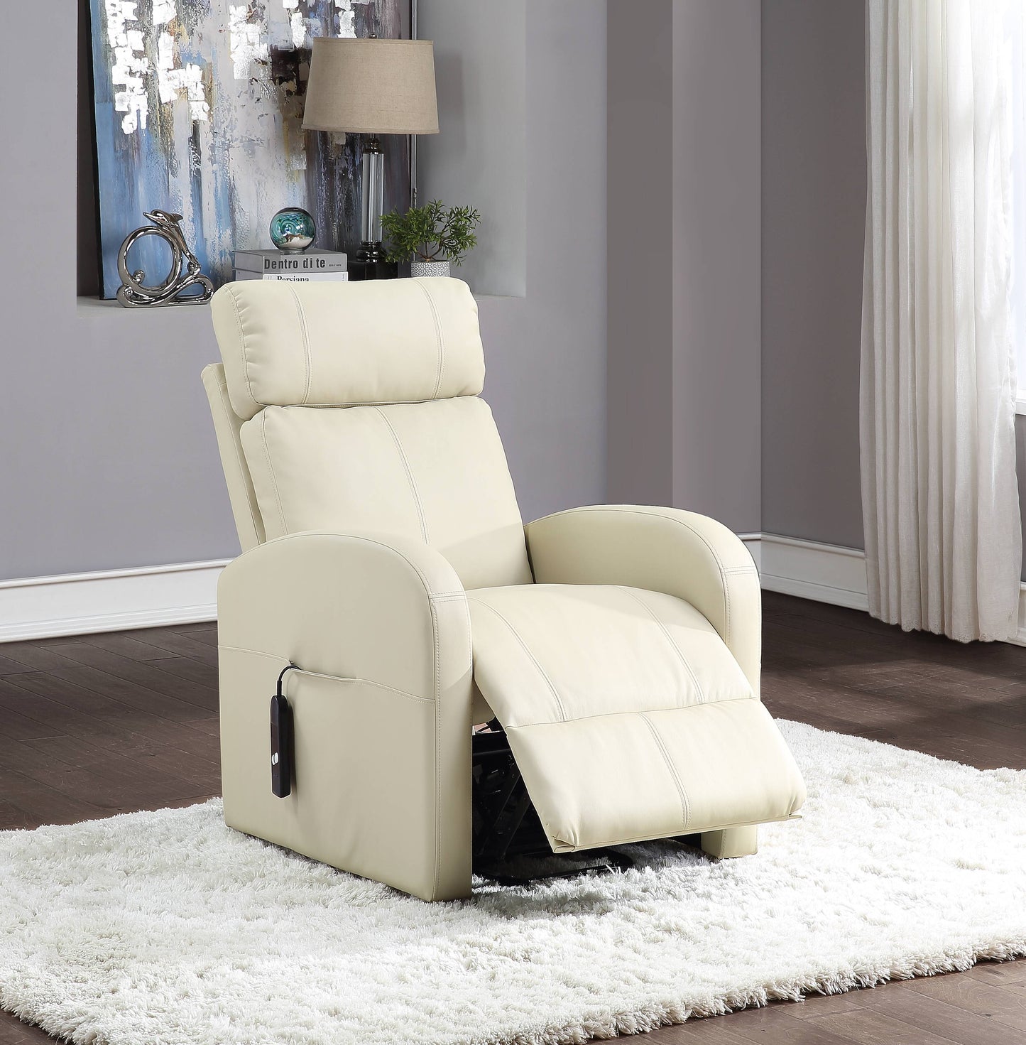 Beige Synthetic Leather Power Lift Recliner Chair