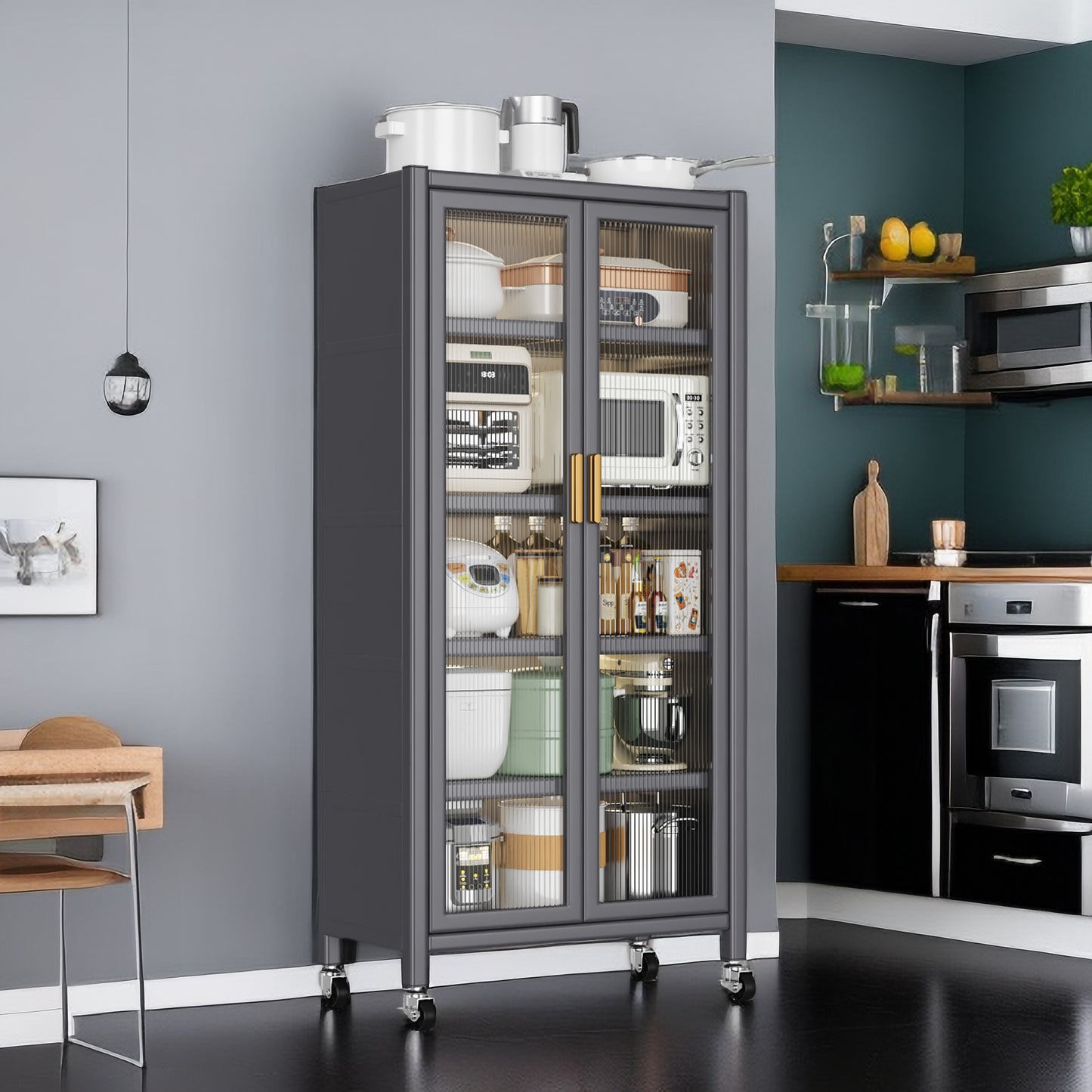 Grey Floor-to-Ceiling Kitchen Storage Cabinet with Microwave Shelf