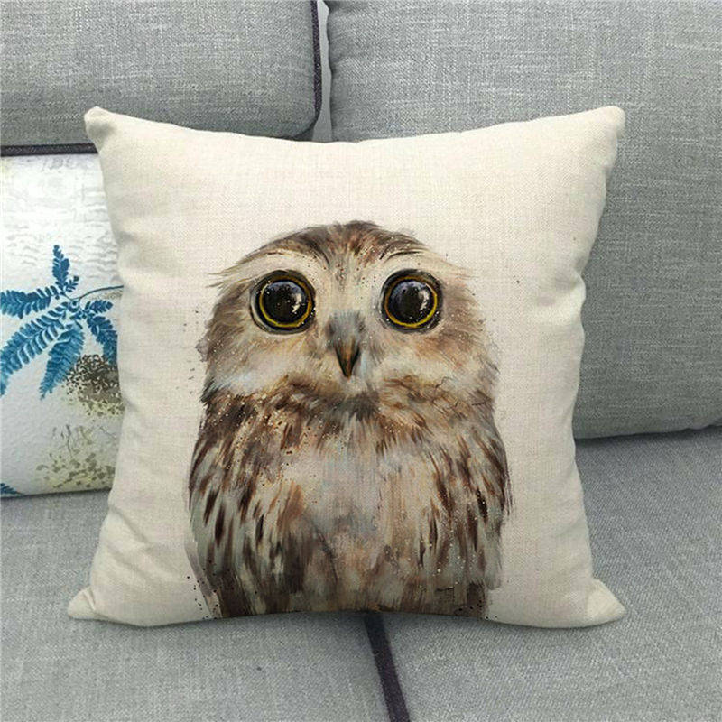 Cute Owl Print Linen Pillowcase - 45x45cm Pastoral Cartoon Decor