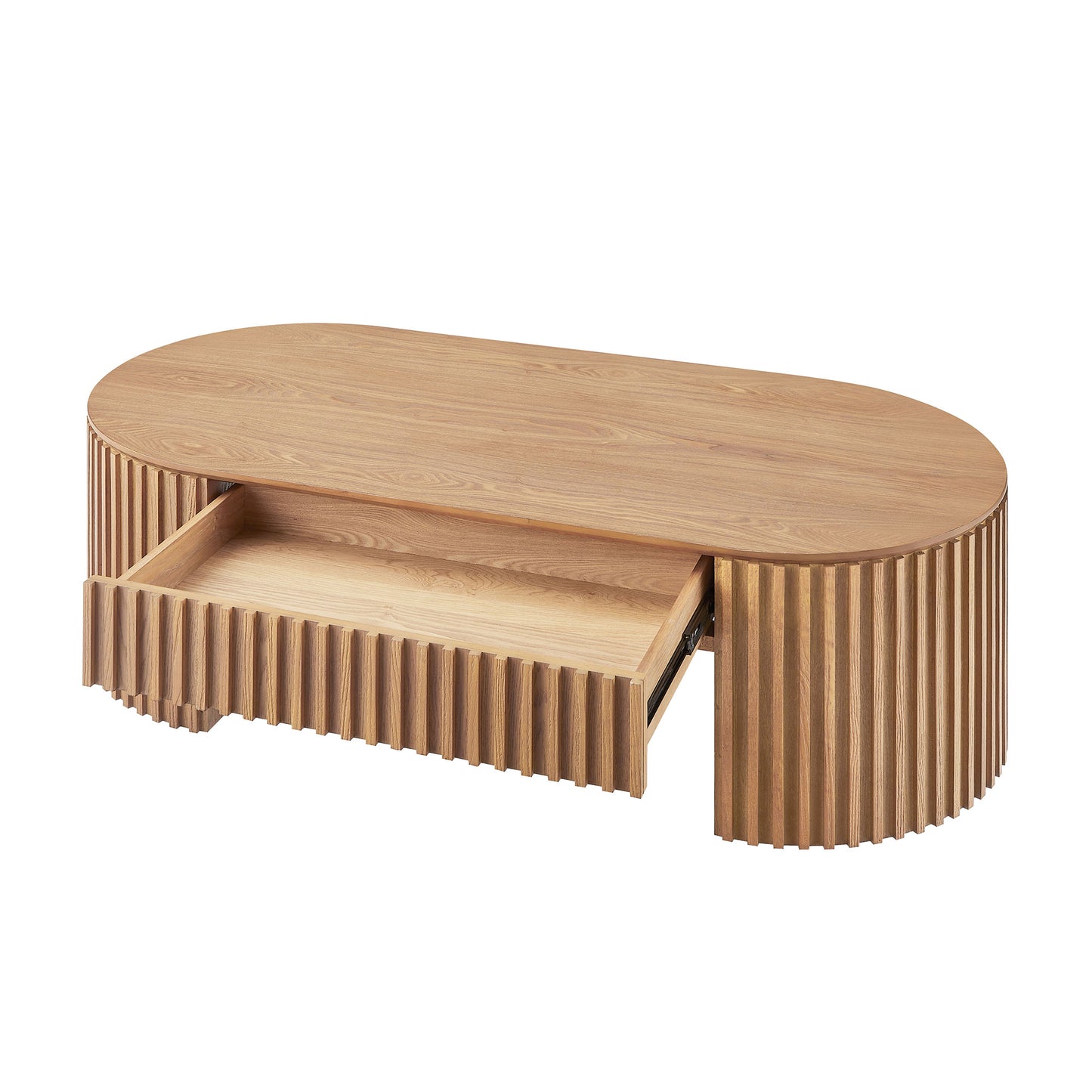 Oval Wood Coffee Table with Drawer - Mid Century Modern, Oak