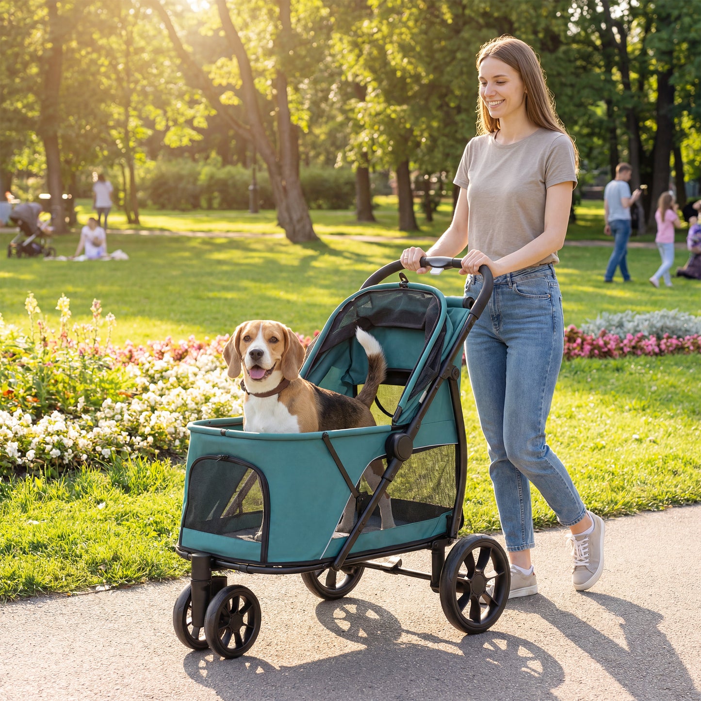 3 Wheel Pet Stroller for Medium Dogs with Quick Fold Mesh Window & Washable Cushion - Dark Green