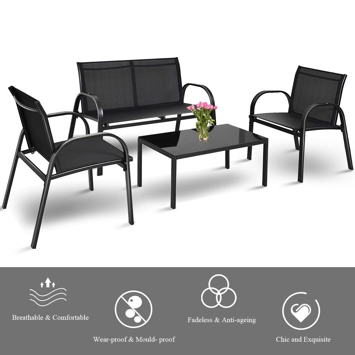 4-Piece Outdoor Furniture Set with Glass Coffee Table - Black