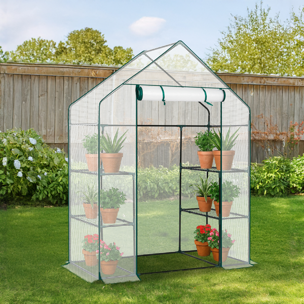 Mini Walk-In Greenhouse with PE Cover, 4-Shelf Indoor Outdoor Plant Garden for Patio Backyard, 56x29x77in, White