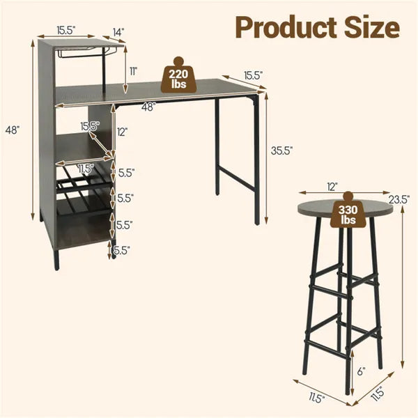 3-Piece Bar Table and Stools Set with Wine Storage - Oak