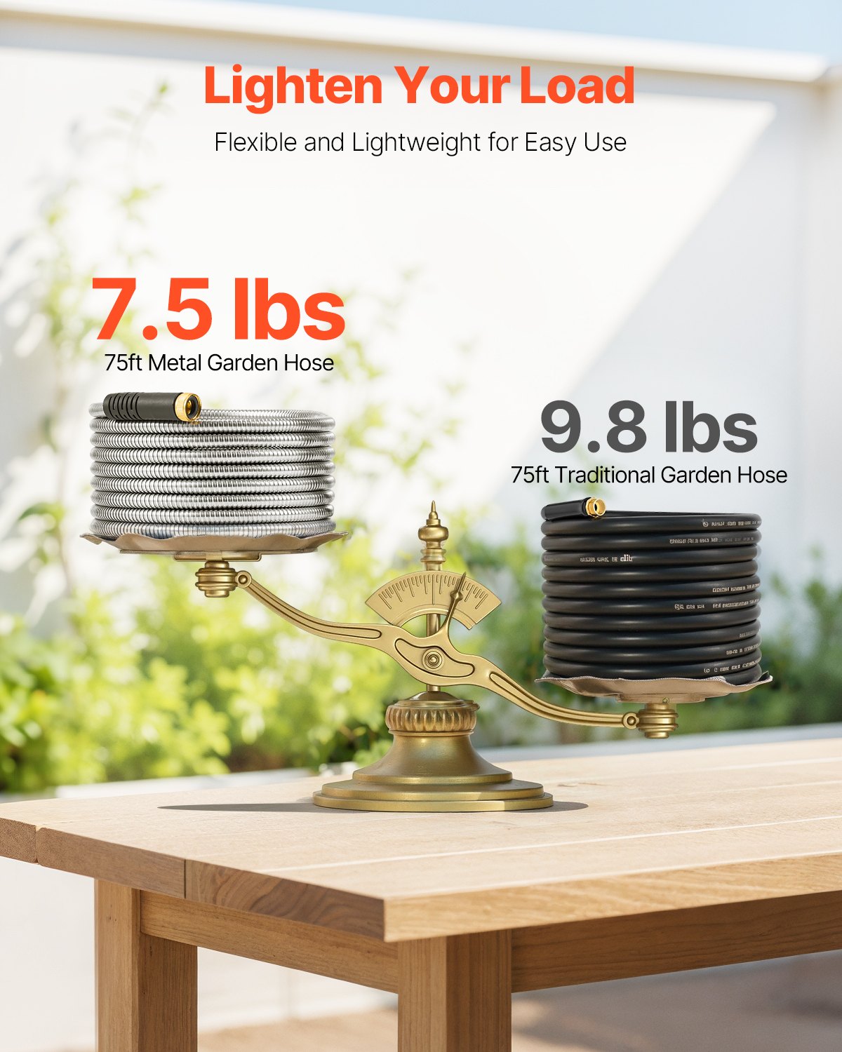 75 Ft Heavy Duty Metal Garden Hose with No-Kink Nozzle - Rust Proof Stainless Steel Water Pipe, Lightweight & Flexible Backyard Watering Tool