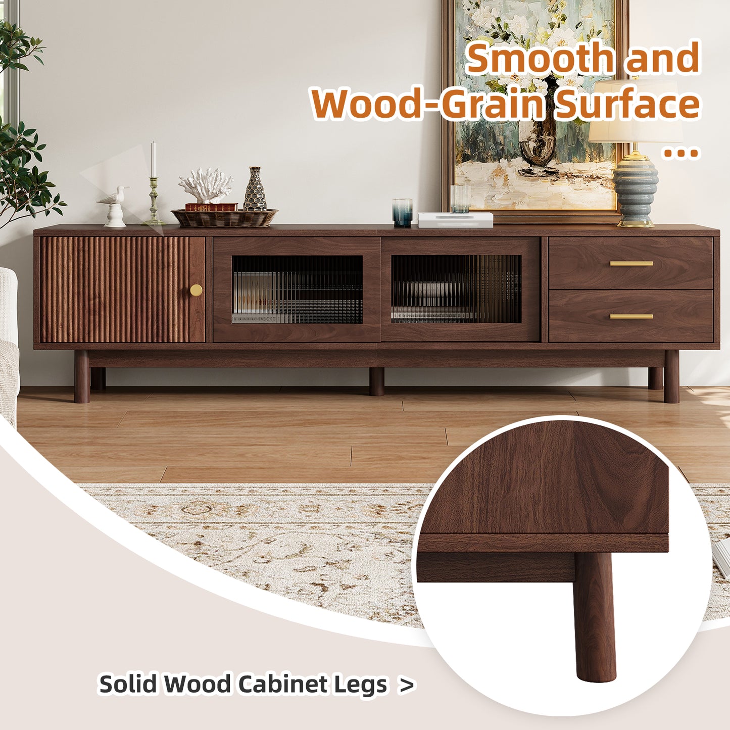 70-Inch Mid Century Modern TV Stand with Glass Sliding Doors