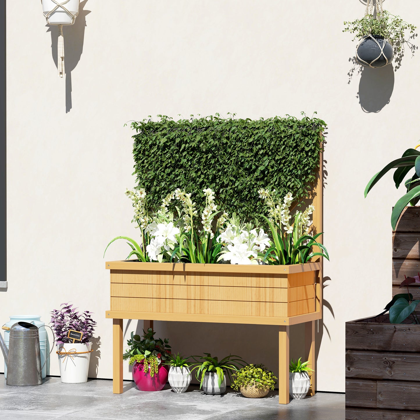 Wooden Garden Planter with Trellis for Climbing Plants, Raised Bed, Natural Finish